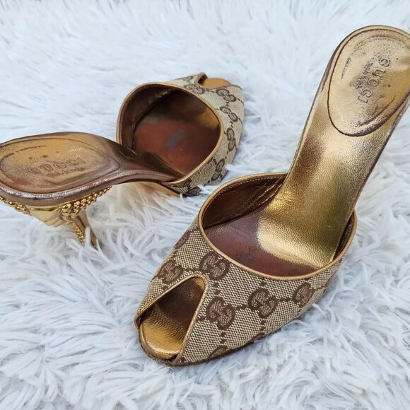 Gucci Women Heel Sandal GG Web Gold Tone Buttom Made Italy Size 34.5 - Picture 3 of 14